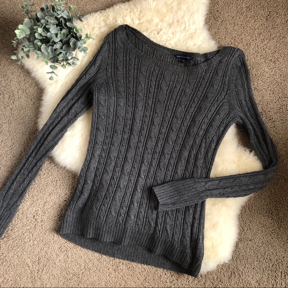 Charcoal Gray Cable Knit Crew Neck Sweater